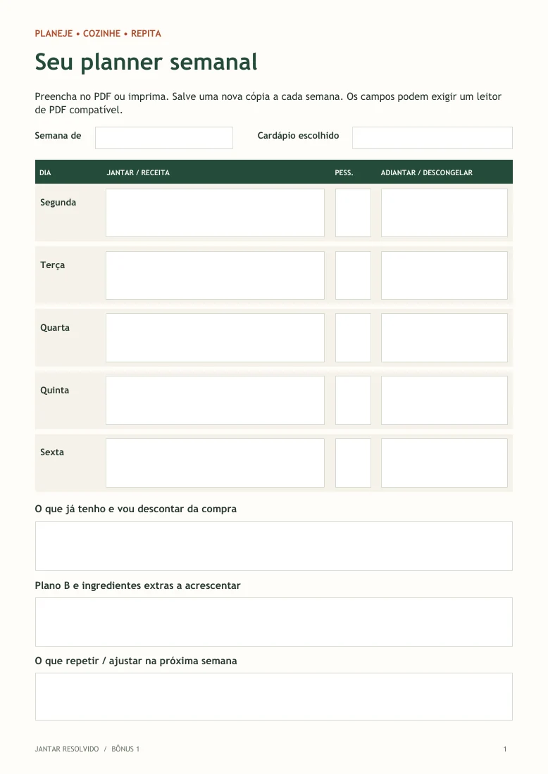 Página real do planejador com espaço para organizar cinco jantares